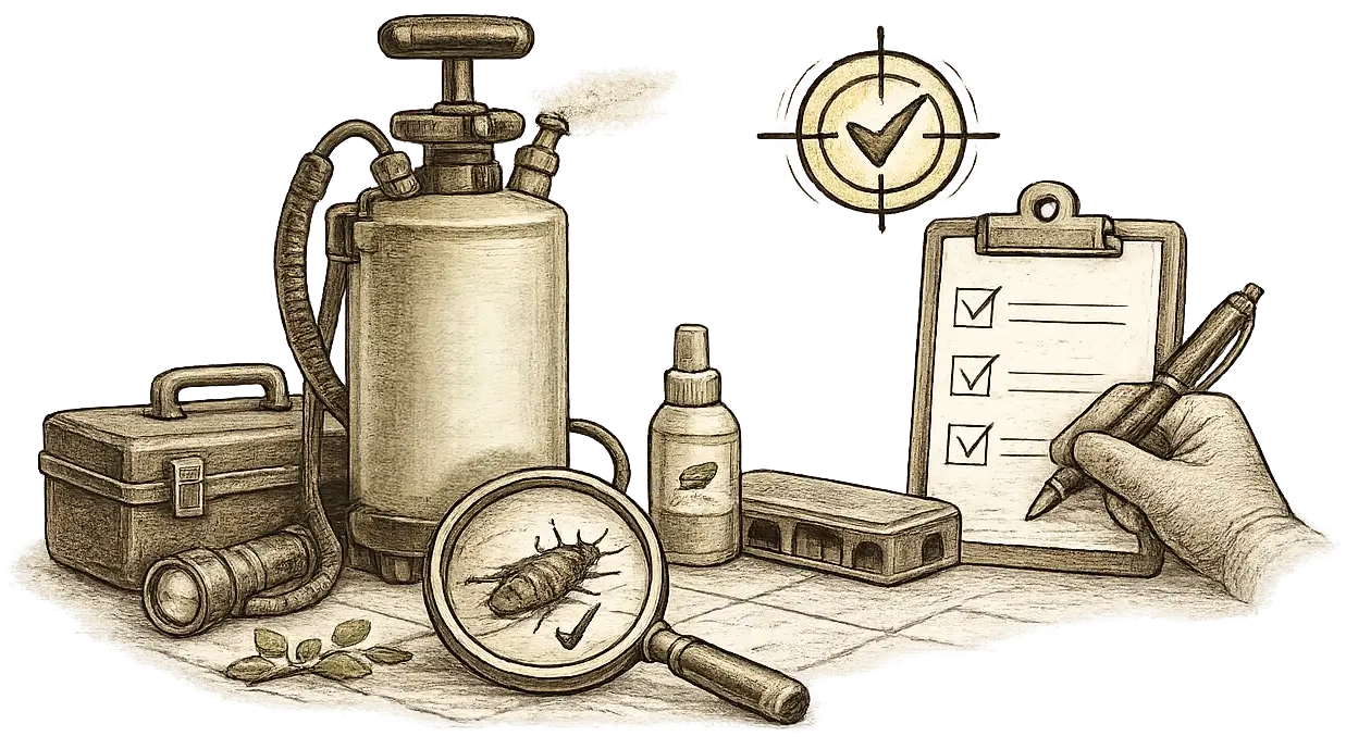 Schritt drei, Bekämpfung und Nachkontrolle mit Ausrüstung und Checkliste, Illustration