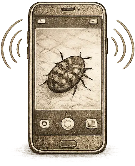 Schritt eins, Anfrage mit Foto eines Schädlings per Smartphone, Illustration