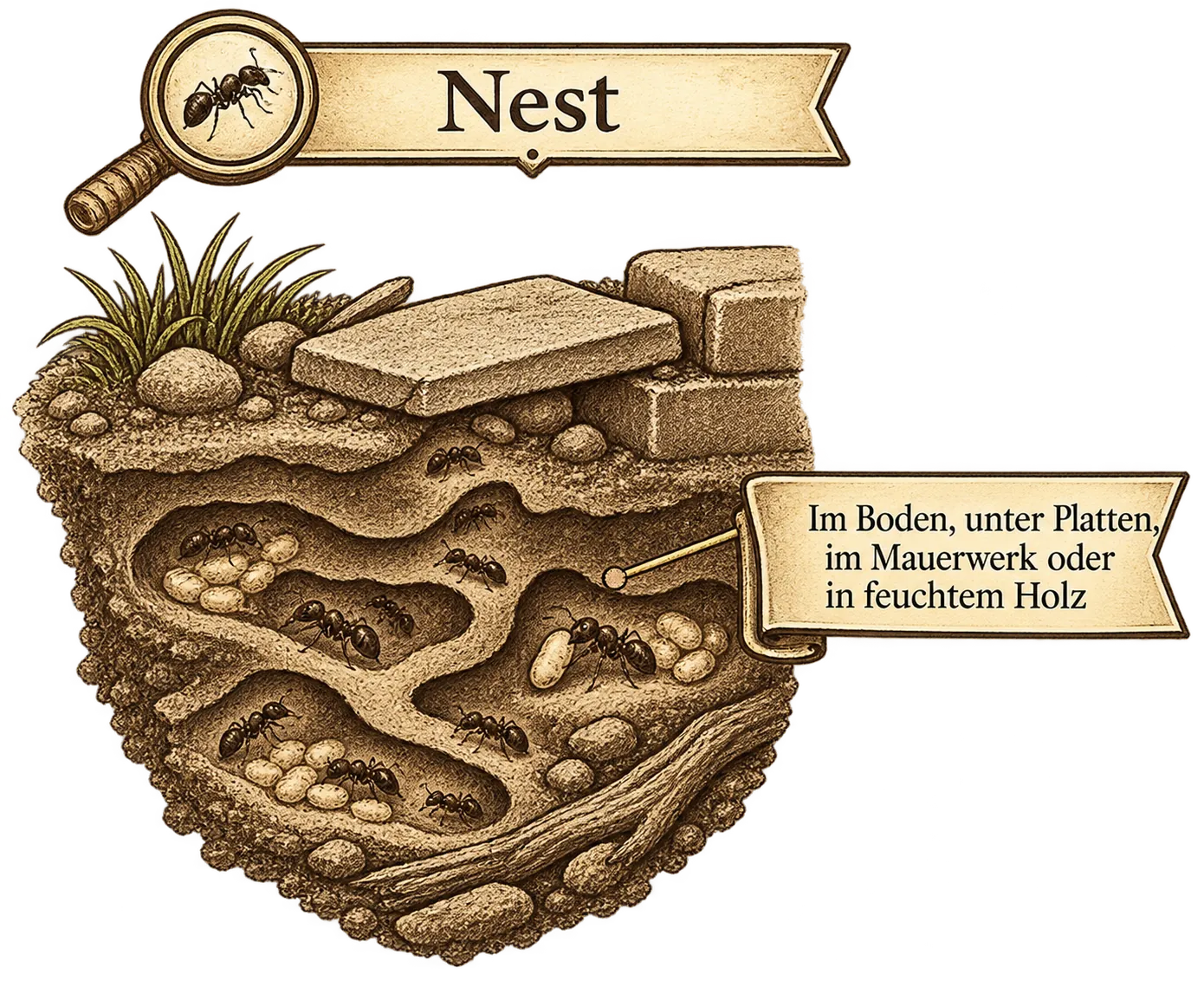 Ameisennest im Boden unter Platten und Mauerwerk, Illustration