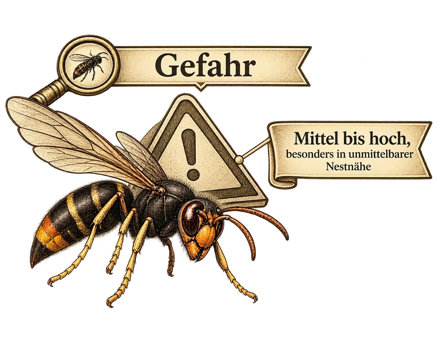 Gefahr in der Nähe eines Nestes der Asiatischen Hornisse, Illustration
