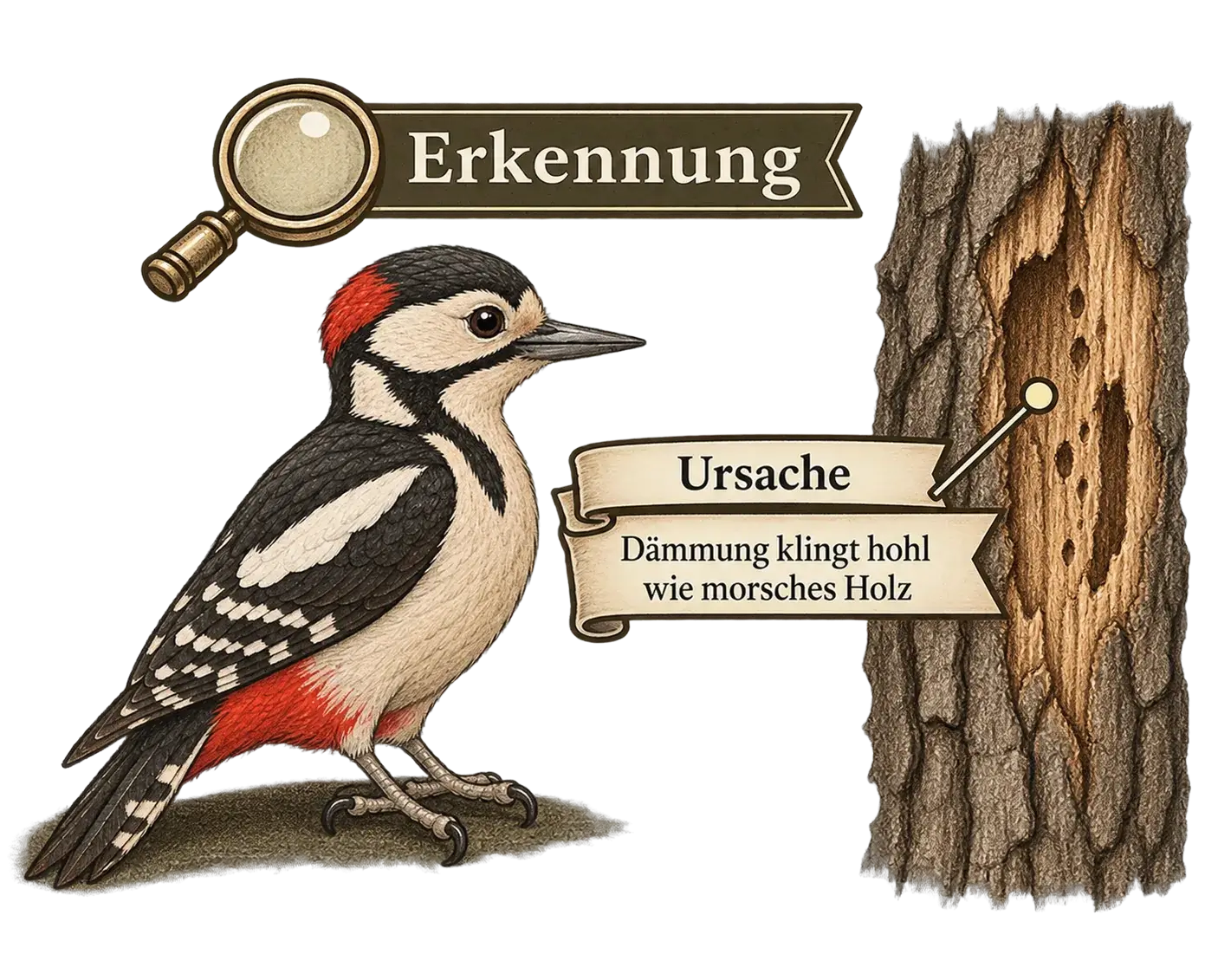 Buntspecht an der Dämmung erkennen, Illustration