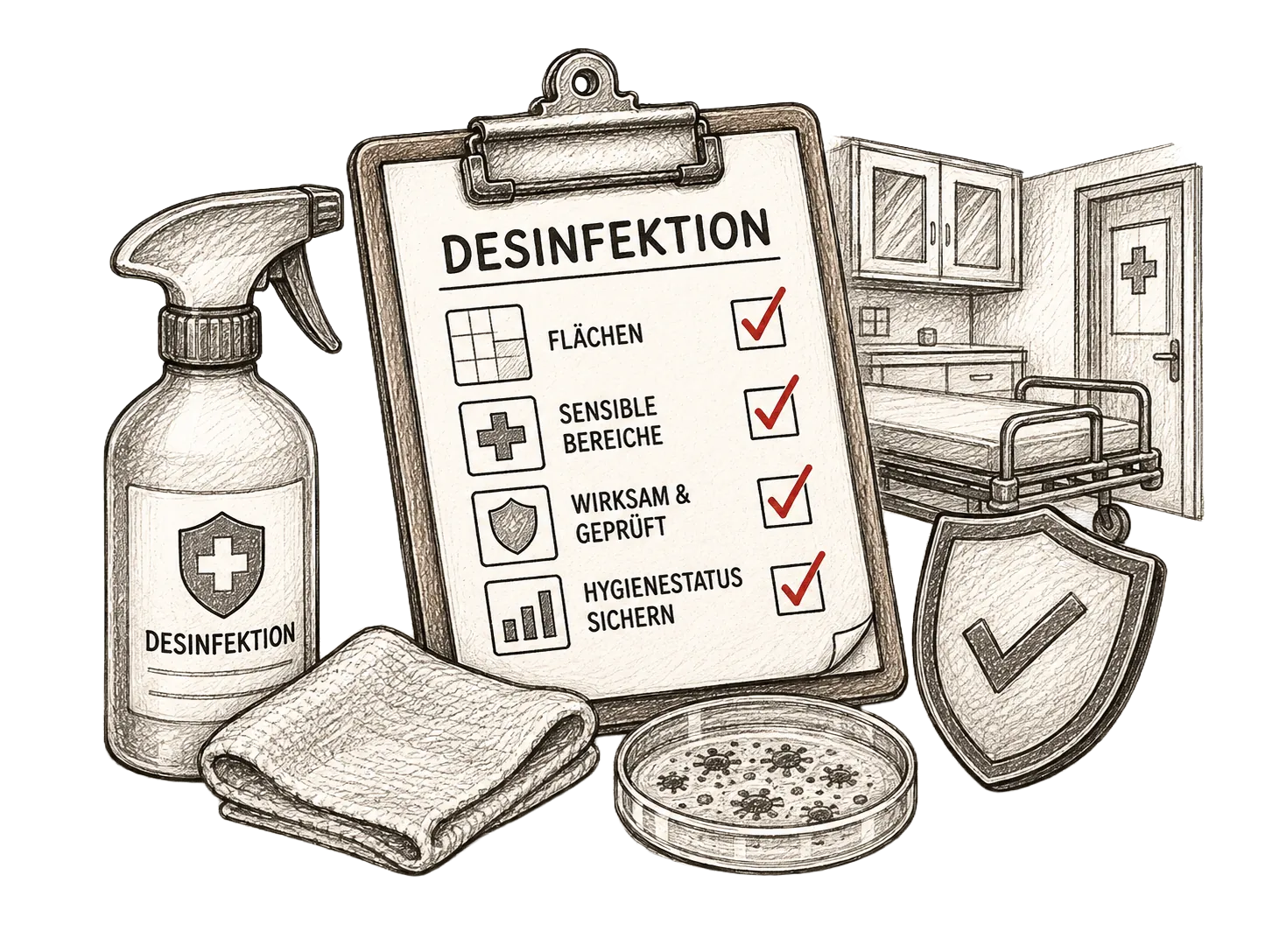 Flächendesinfektion in sensiblen Bereichen, Illustration