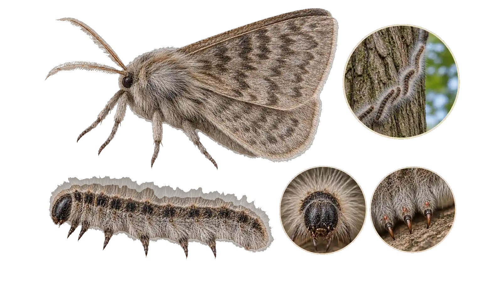 Falter und Raupe des Eichenprozessionsspinners, Illustration