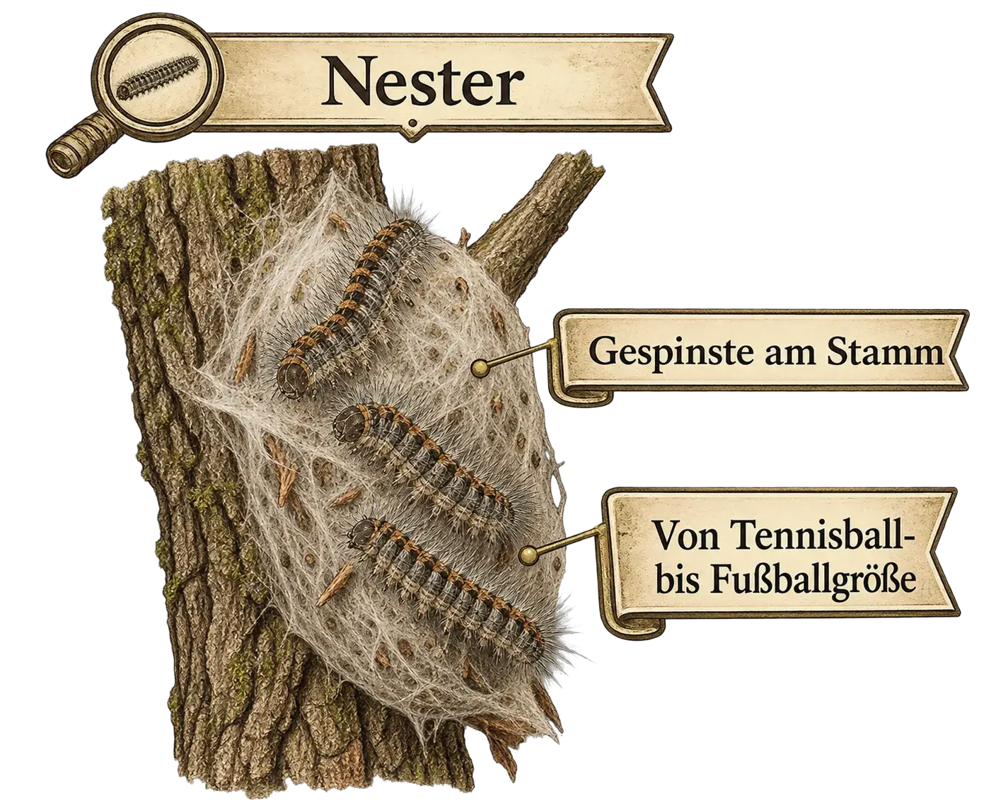Nester und Gespinste des Eichenprozessionsspinners, Illustration