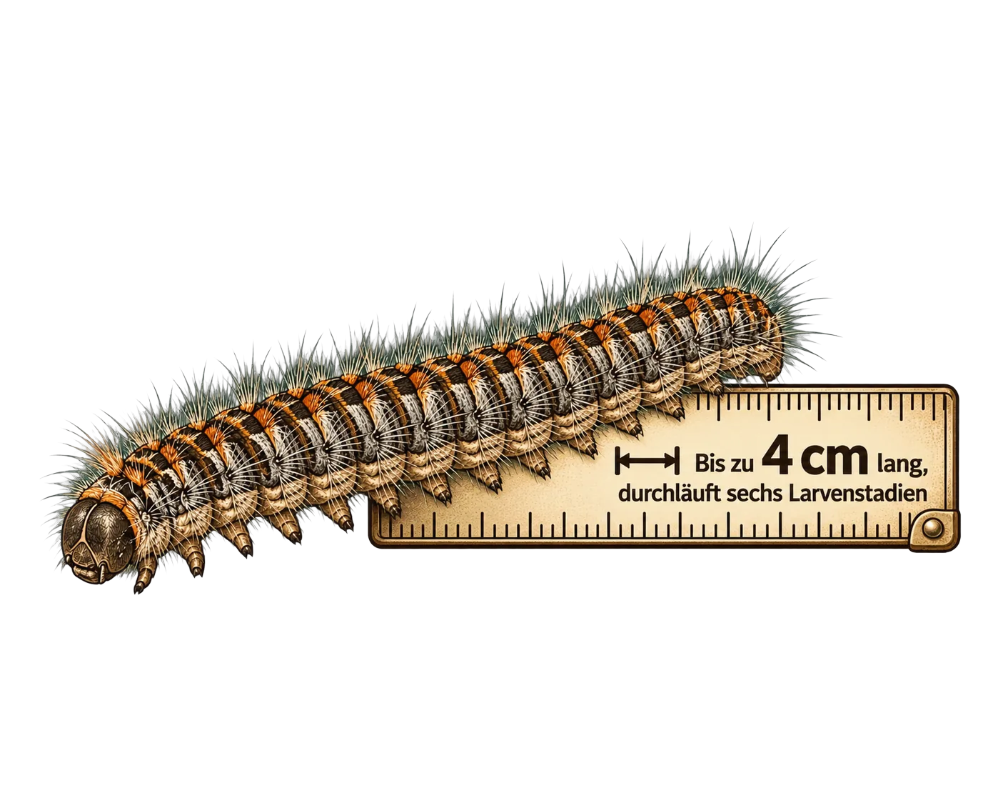 Größe der Raupe des Eichenprozessionsspinners, Illustration