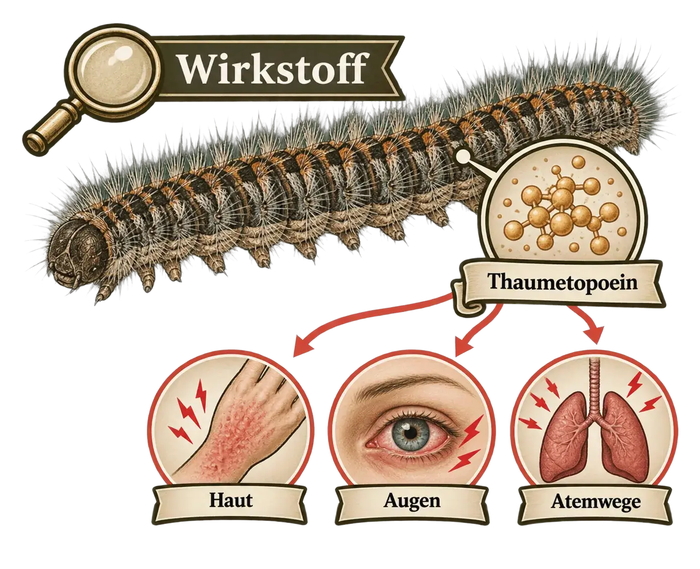 Brennhaare des Eichenprozessionsspinners mit dem Wirkstoff Thaumetopoein, Illustration