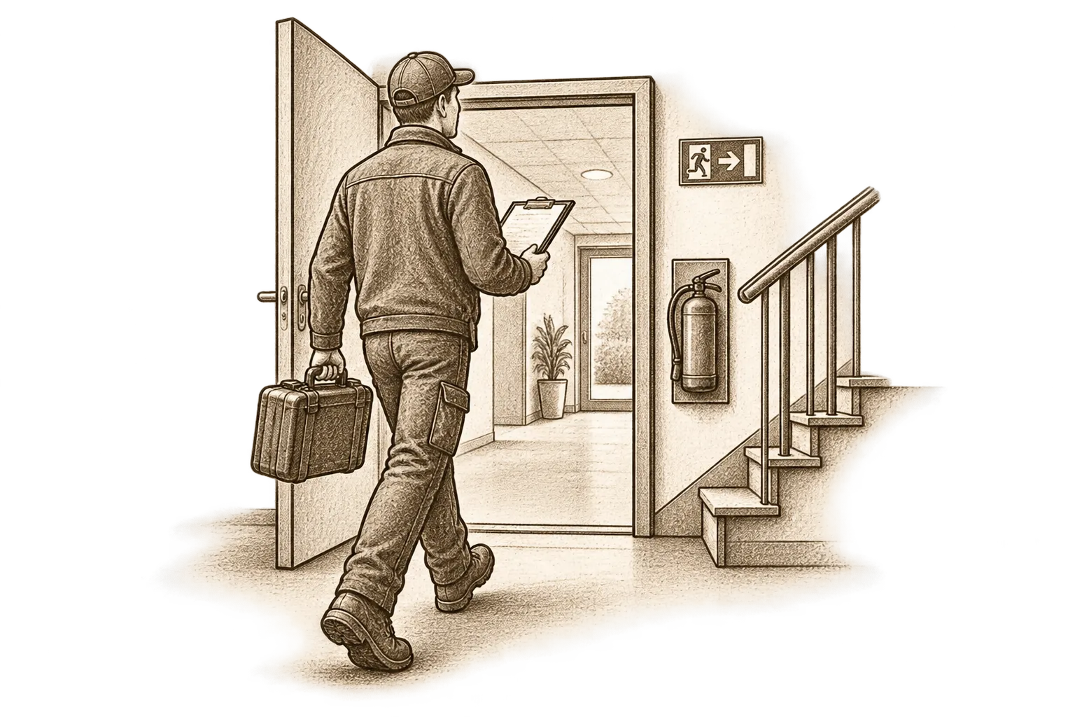 Fachkraft bei der Erstbegehung eines Gebäudes, Illustration