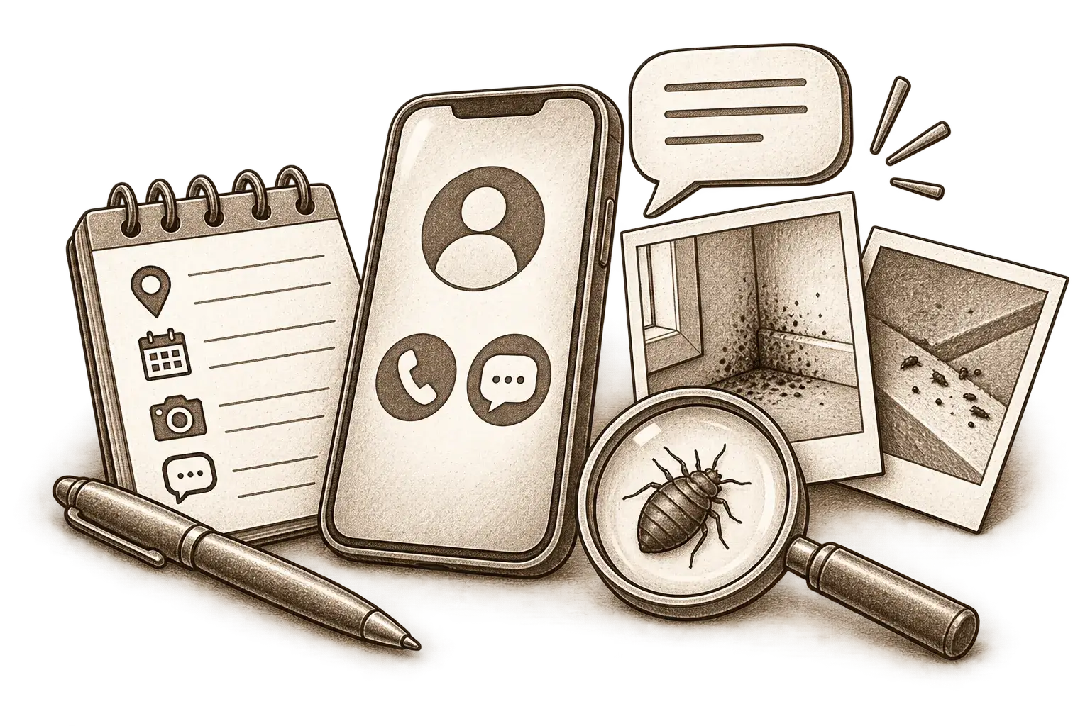 Fall schildern per Telefon, Foto und Notiz, Illustration