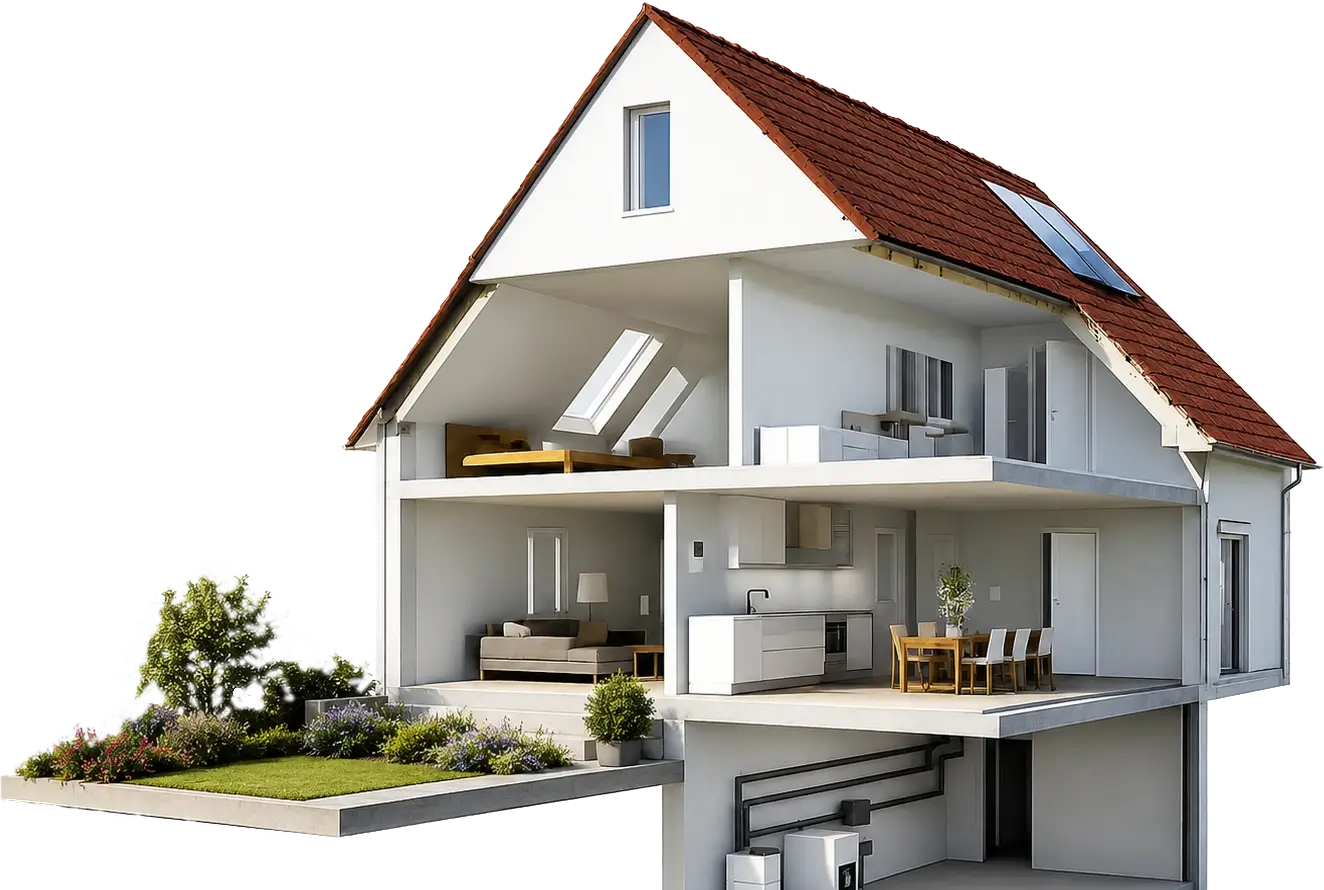 Schnittmodell eines Hauses: Dachboden, Wohnetage, Küche und Keller