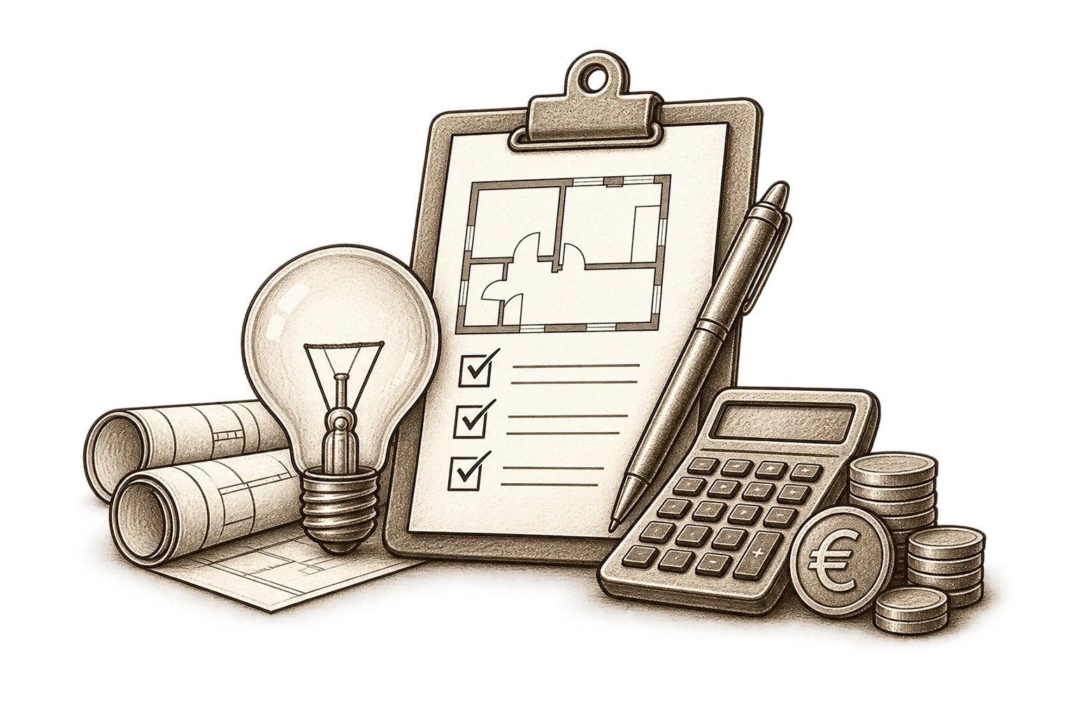 Konzept mit Grundriss, Checkliste und Kostenrechnung, Illustration
