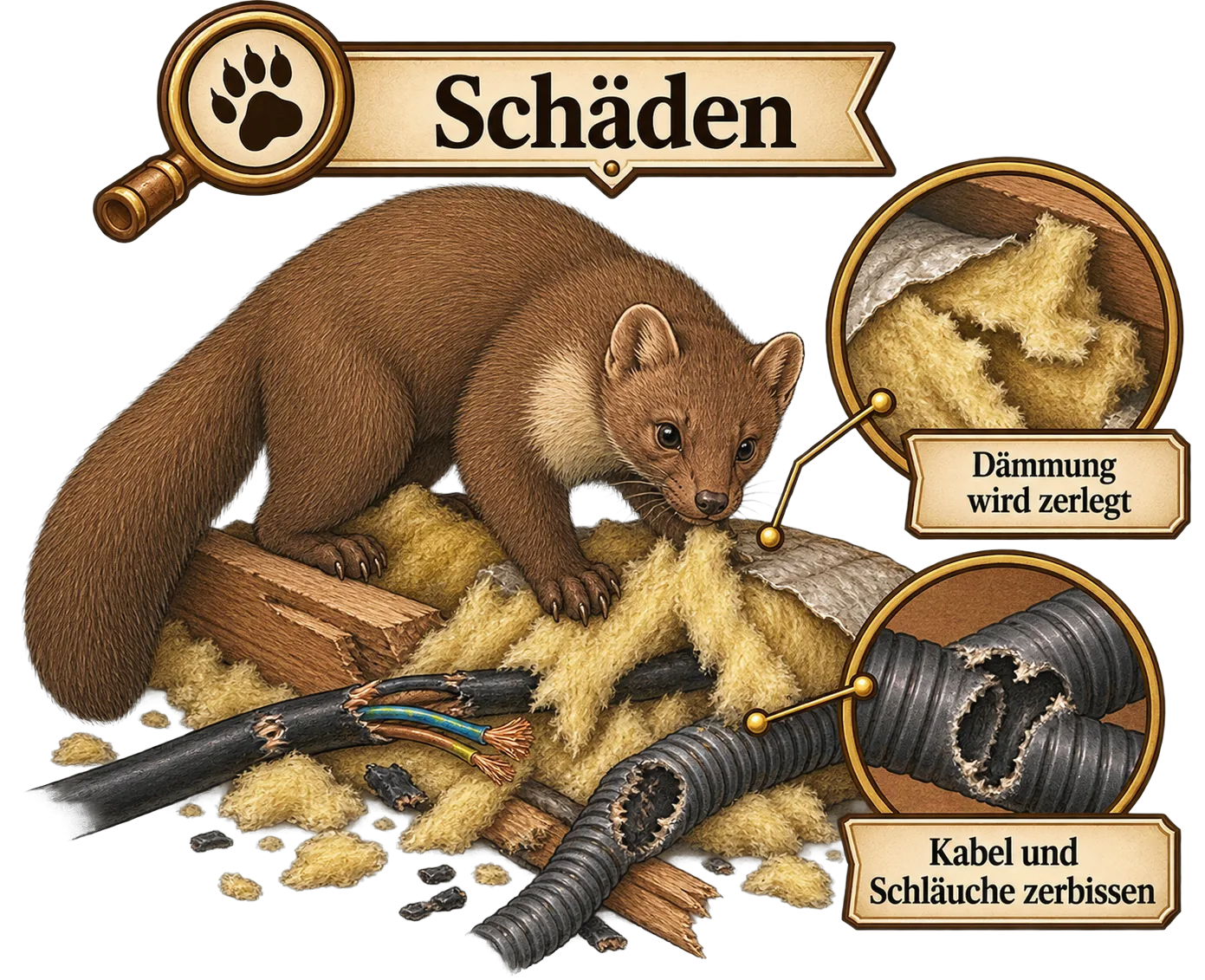 Marderschäden an Dämmung und Kabeln, Illustration