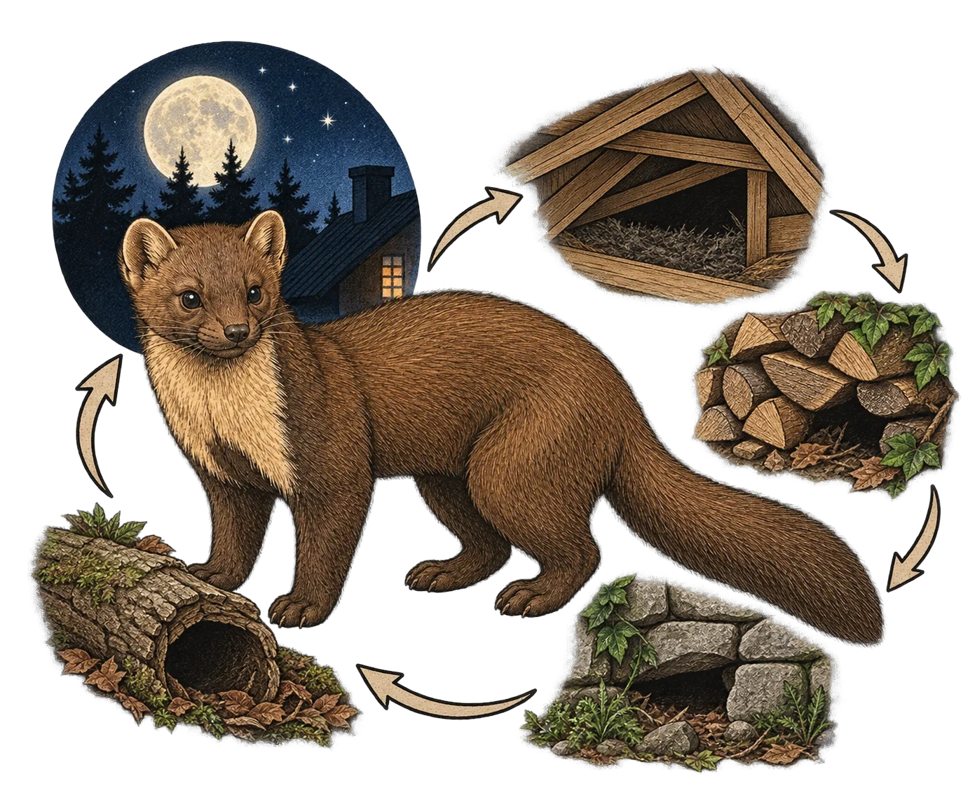 Verstecke des Marders in Dachboden und Holzstapel, Illustration