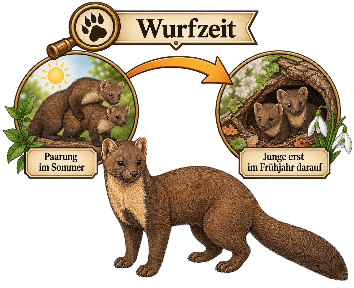Marder mit Jungtieren, Illustration zu Paarung und Wurfzeit