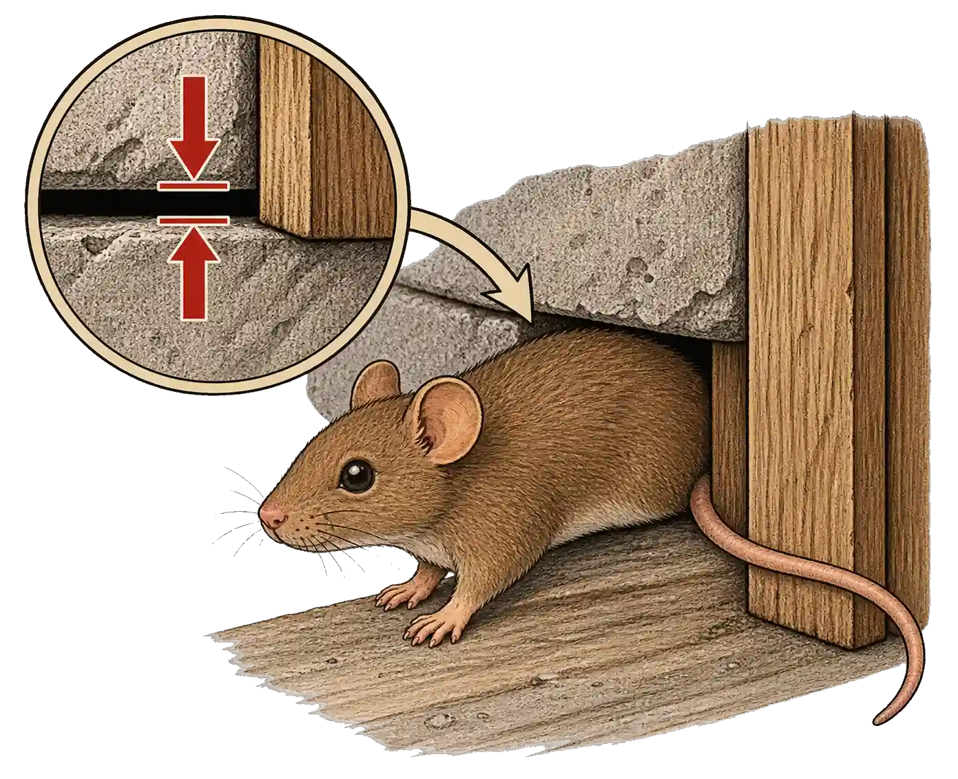 Maus schlüpft durch einen kleinen Spalt in der Wand, Illustration