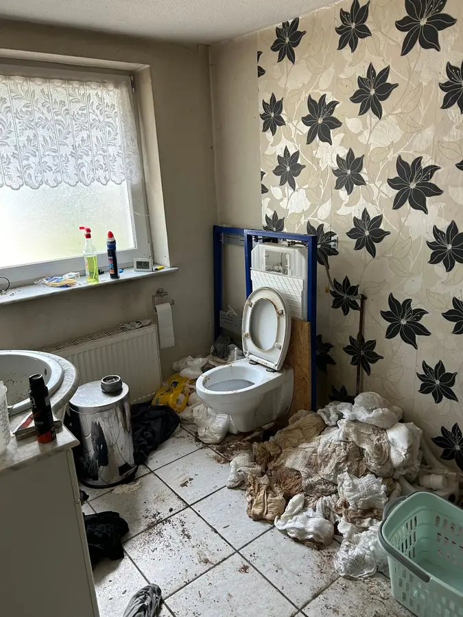 Platz 1, verwahrlostes Badezimmer einer Messiwohnung mit abgerissener Toilette und einem Berg aus Feuchttüchern vor Blumentapete
