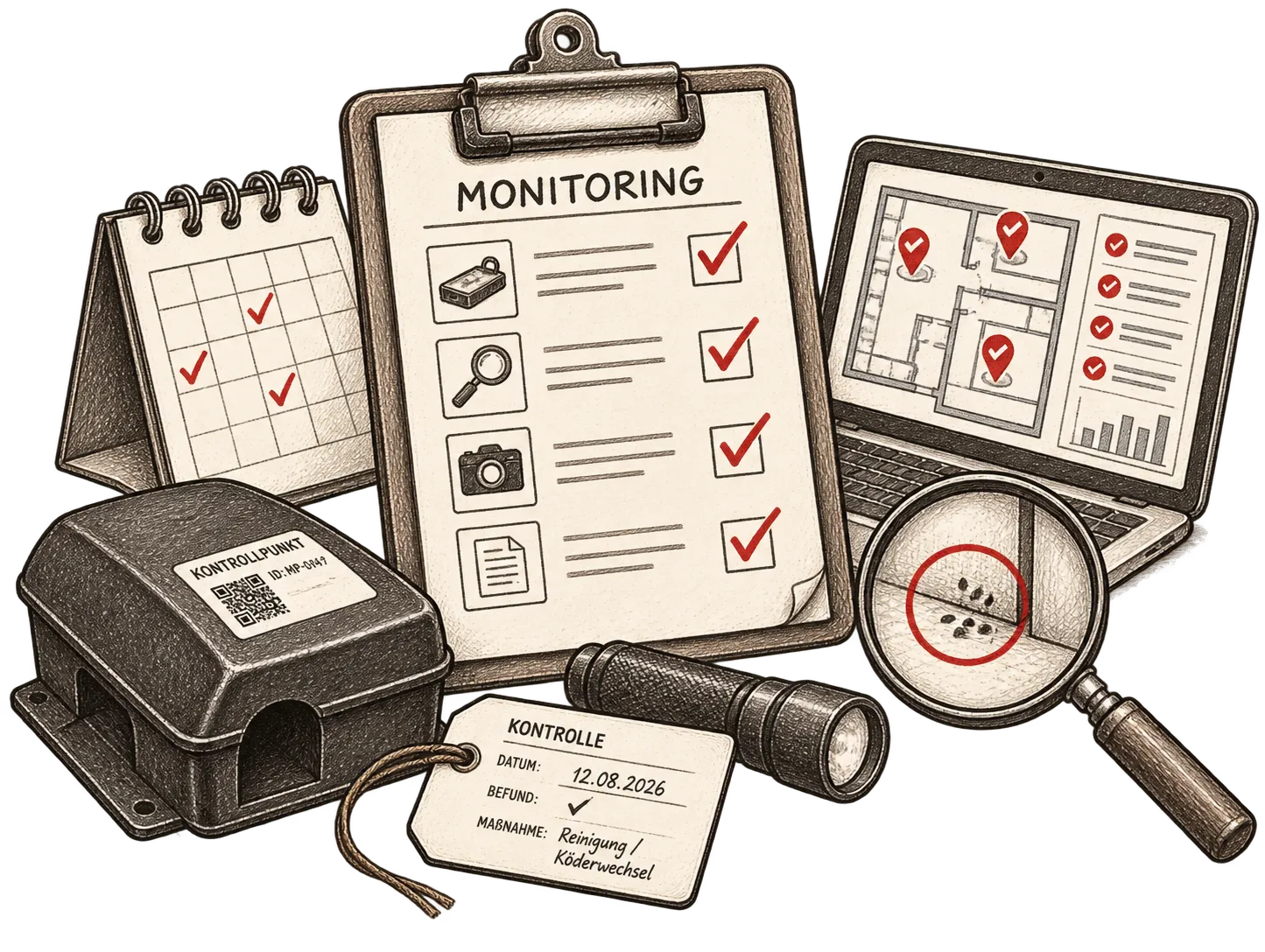 Monitoring mit Köderstation, Kontrollplan und Dokumentation, Illustration