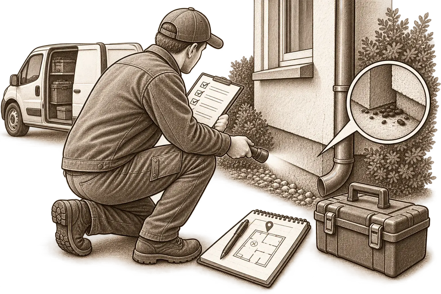 Fachkraft beim Ortstermin am Haus, Illustration