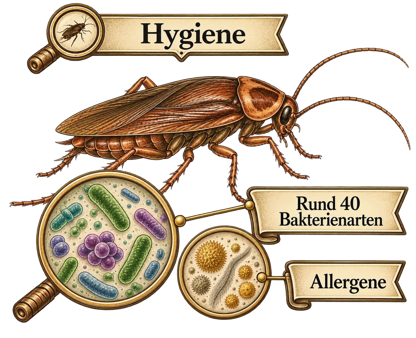 Kakerlake als Überträger von Bakterien und Allergenen, Illustration