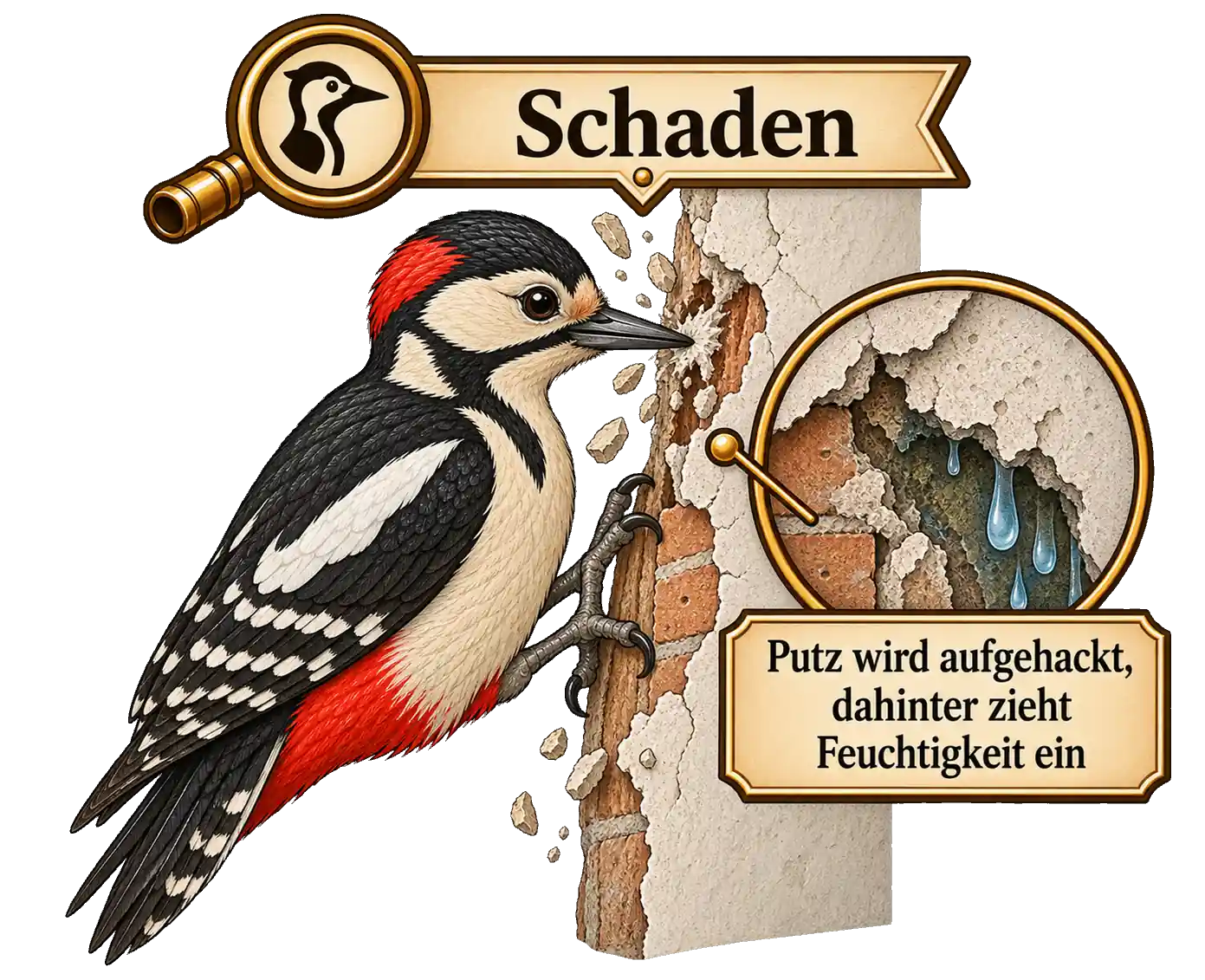 Spechtschaden an Fassade und Putz, Illustration