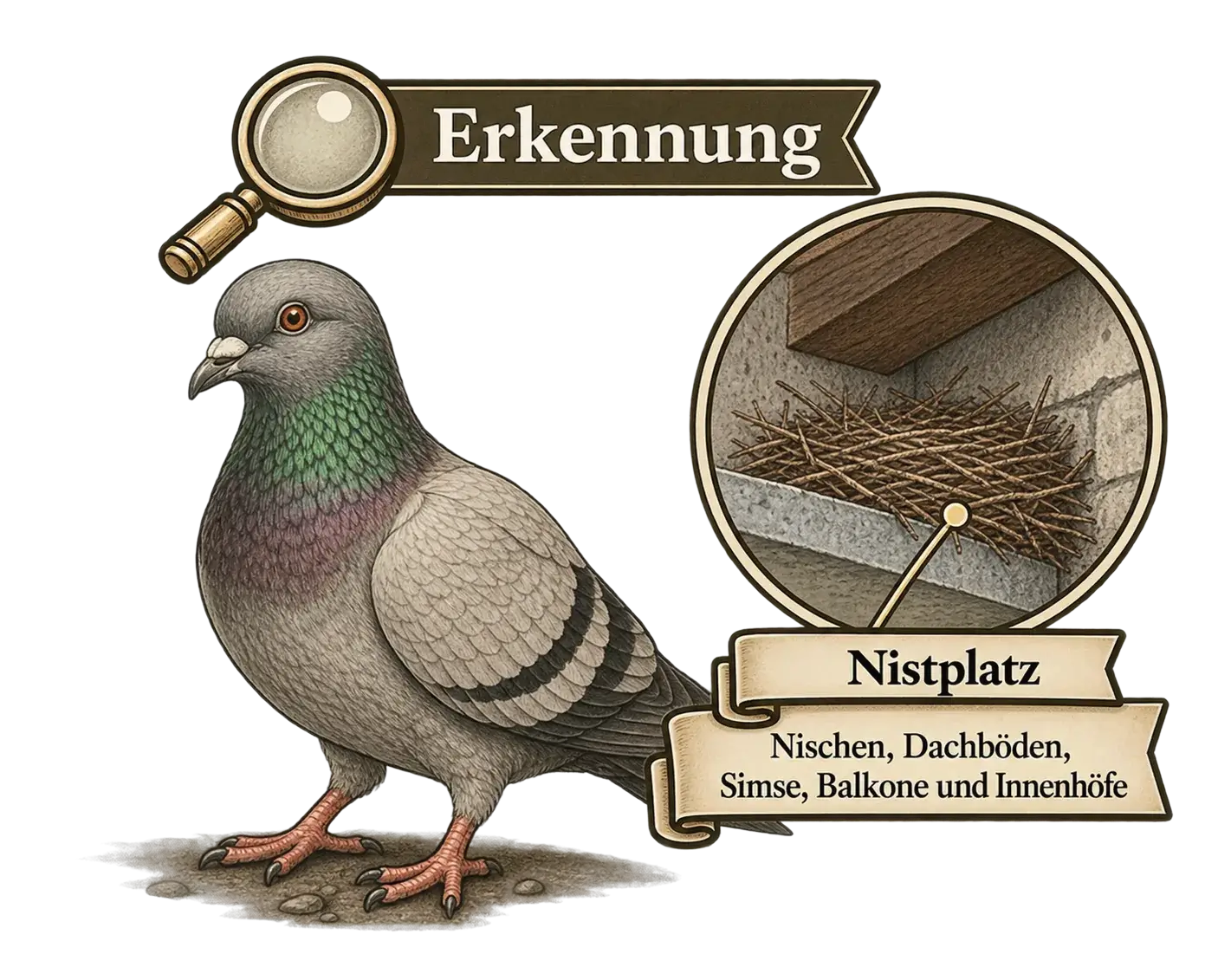 Stadttaube am Nistplatz erkennen, Illustration