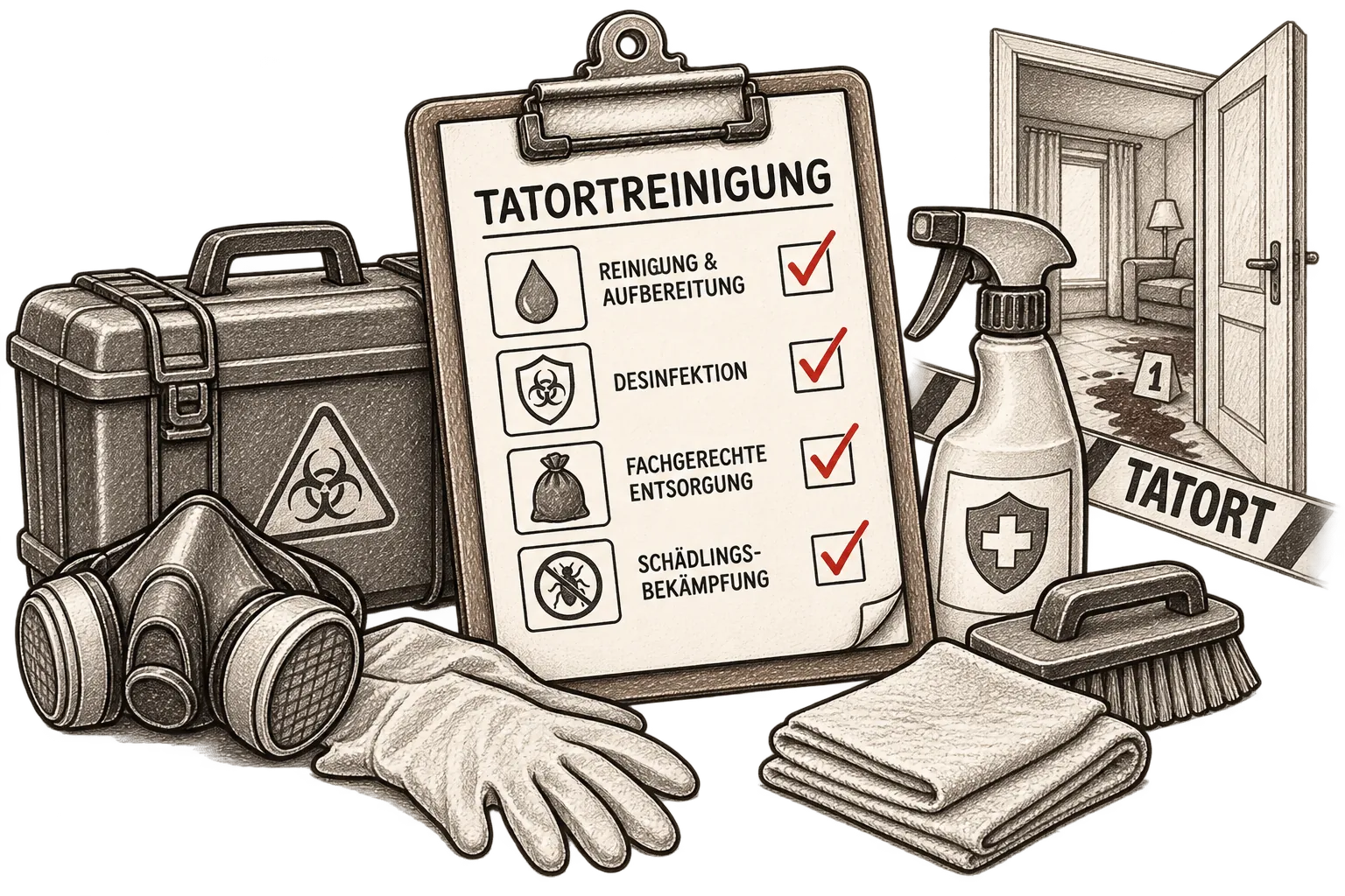 Desinfektion und Entsorgung bei der Tatortreinigung, Illustration