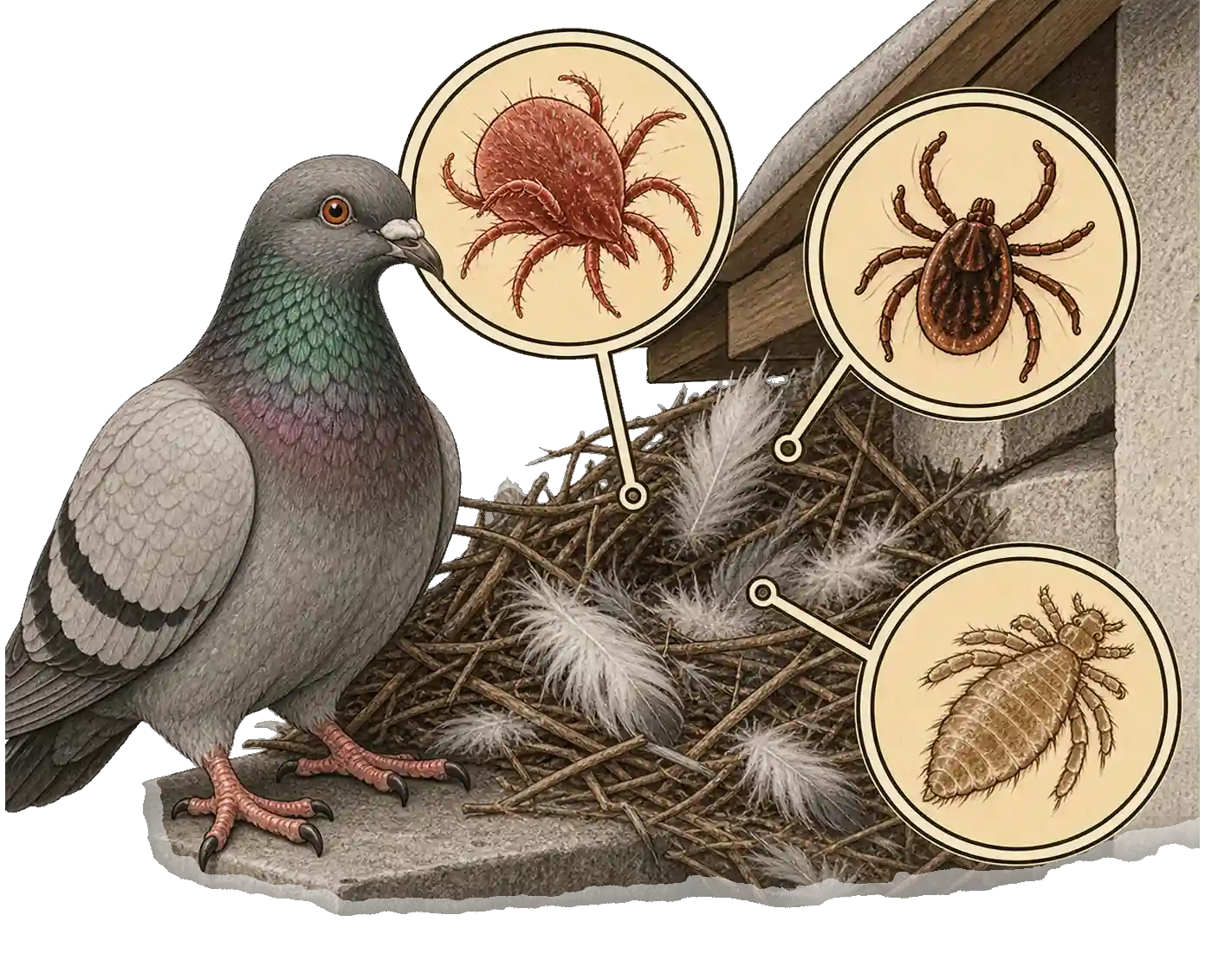Parasiten der Taube wie Milben und Zecken, Illustration