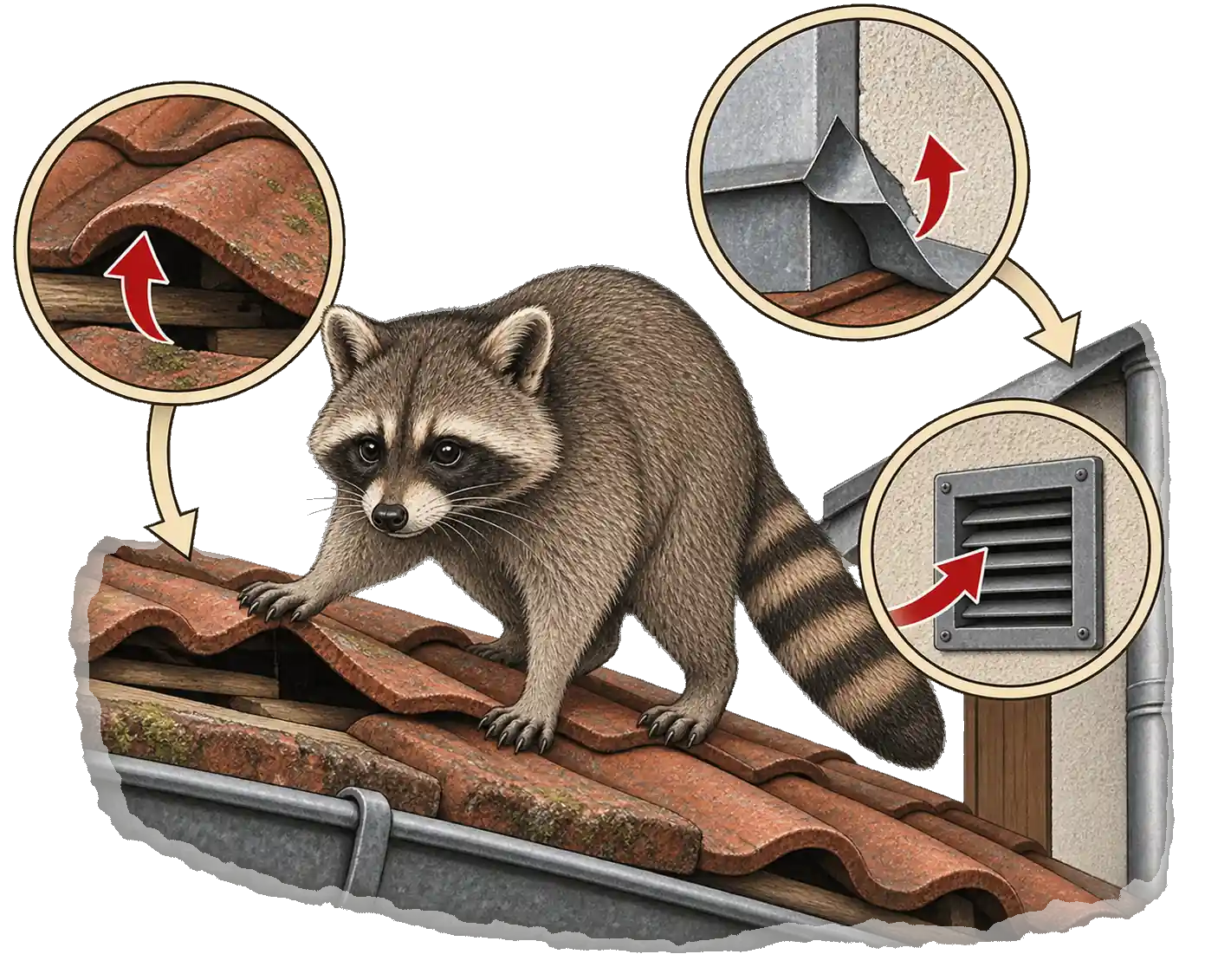Einstiegsstellen des Waschbären am Dach, Illustration
