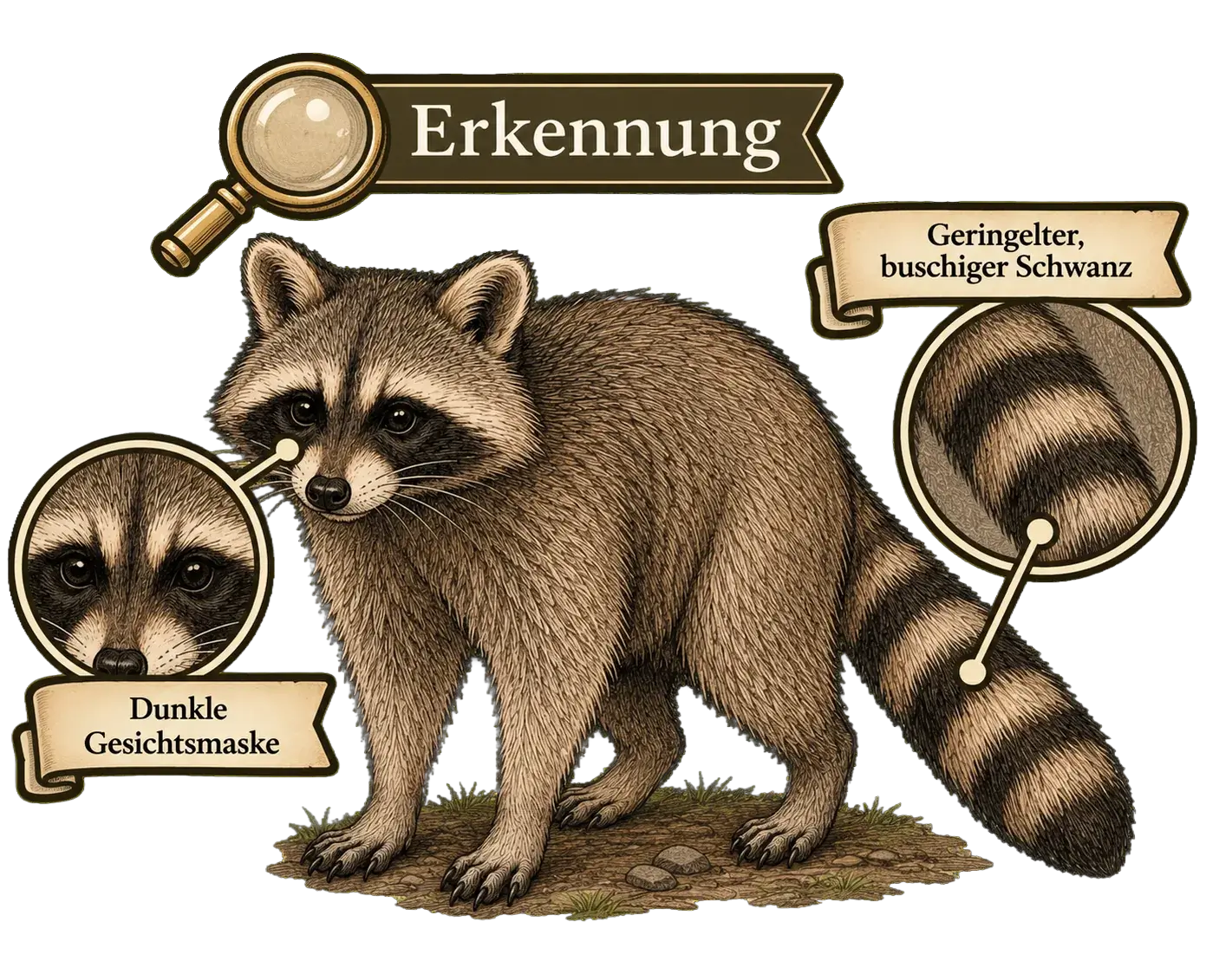 Waschbär an Gesichtsmaske und geringeltem Schwanz erkennen, Illustration