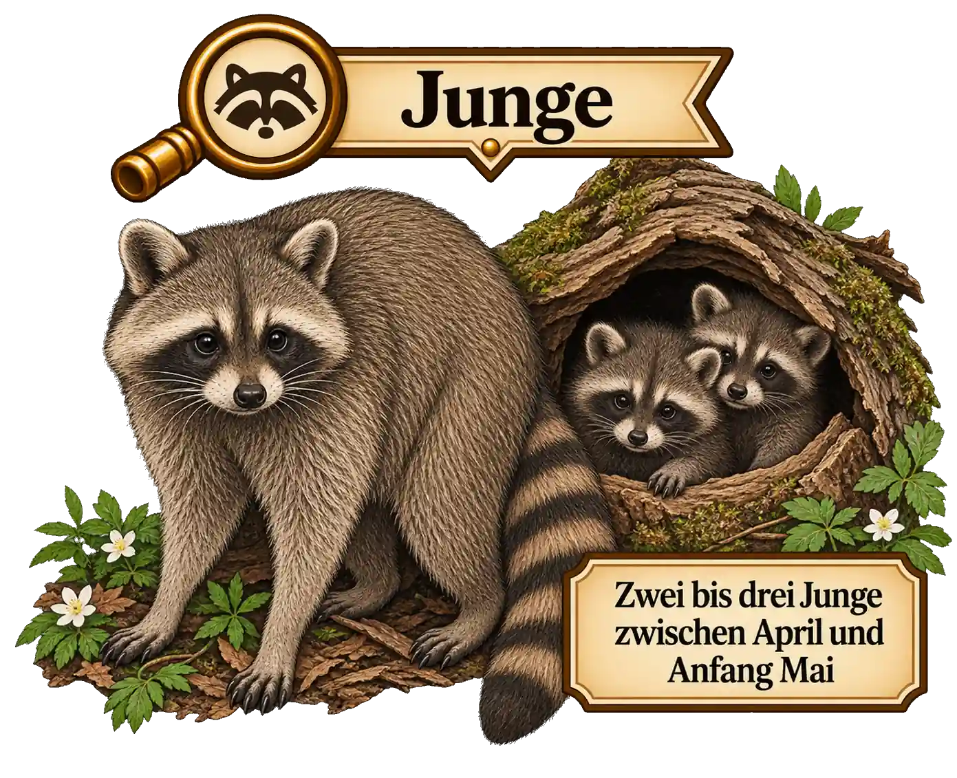 Waschbär bei der Jungenaufzucht, Illustration