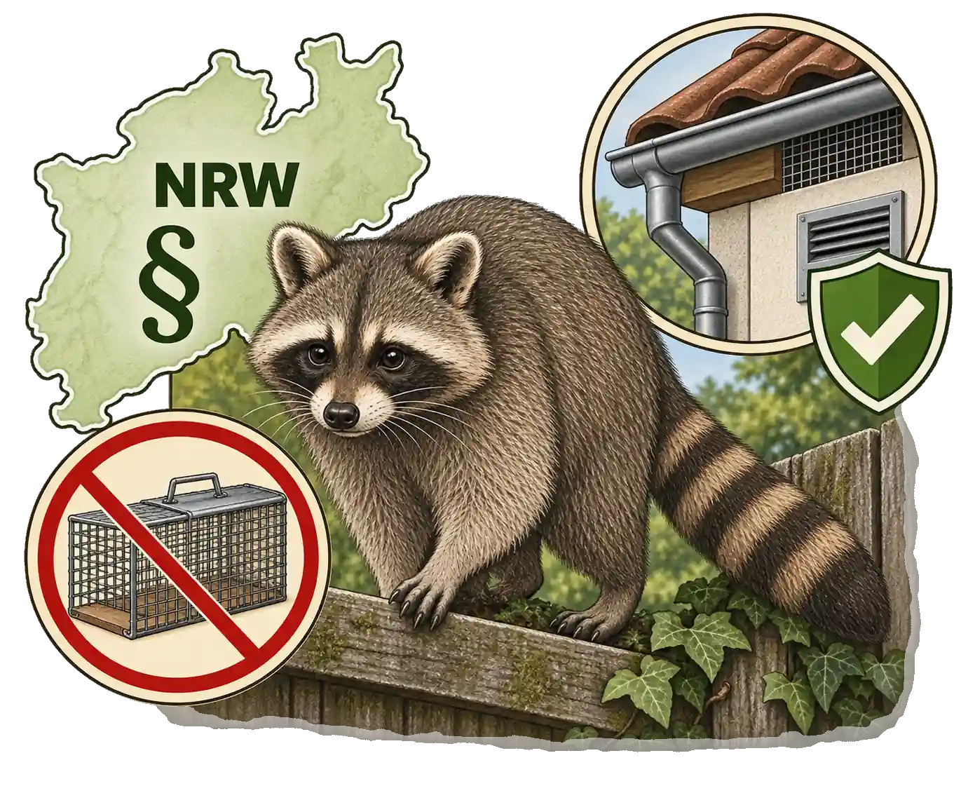 Waschbär und Rechtslage zur Abwehr in NRW, Illustration