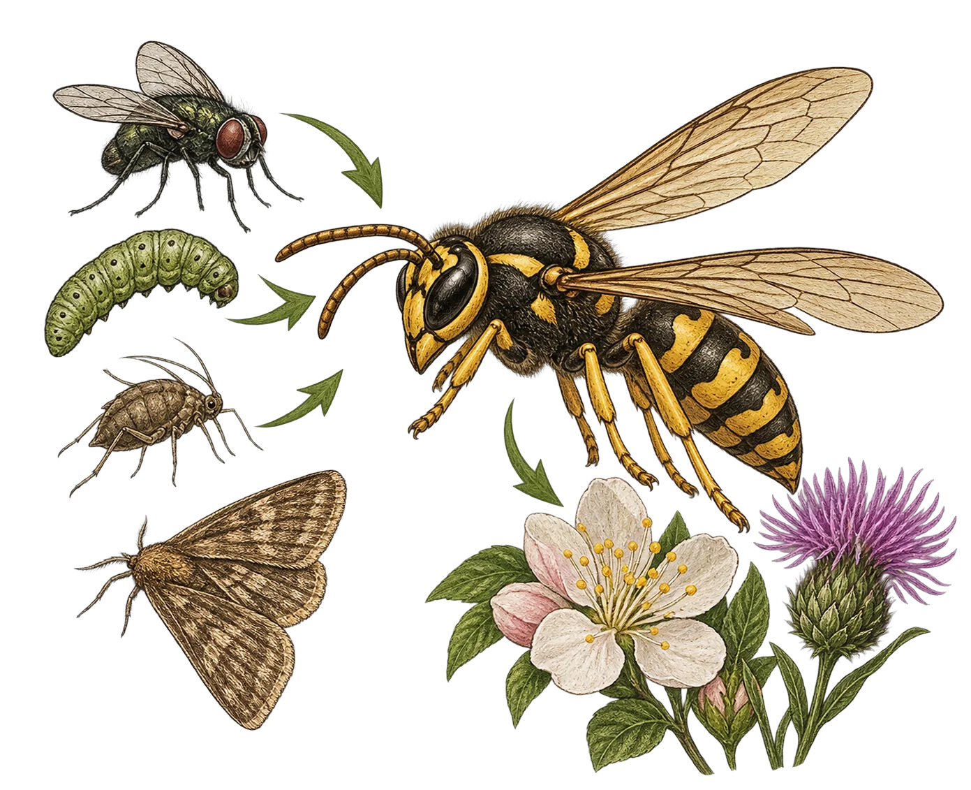 Wespe bei der Nahrungssuche an Nektar, Illustration
