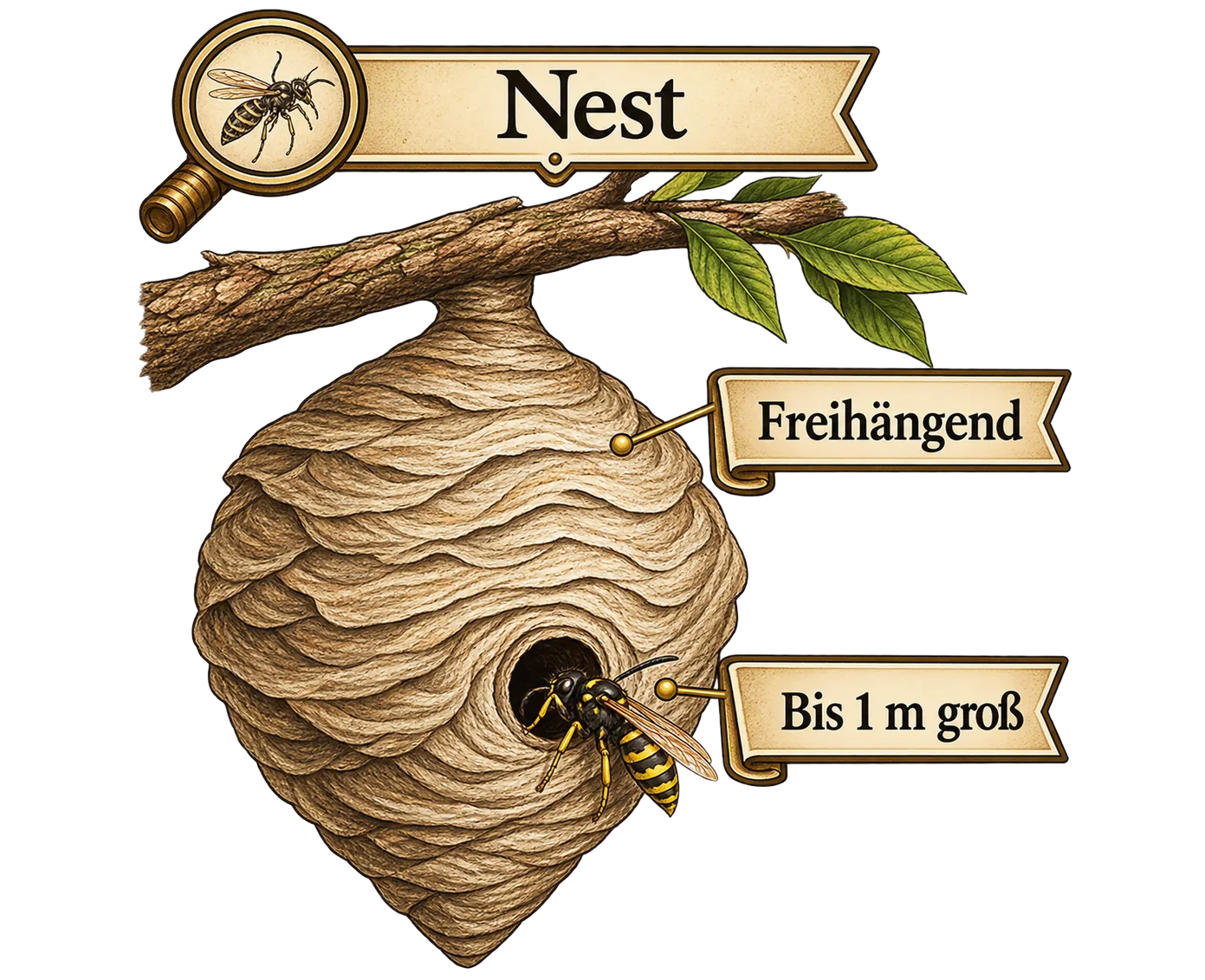 Frei hängendes Wespennest, Illustration