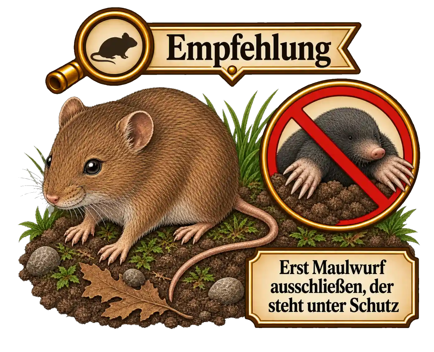Wühlmaus und Maulwurf, Illustration mit dem Hinweis, den Maulwurf auszuschließen