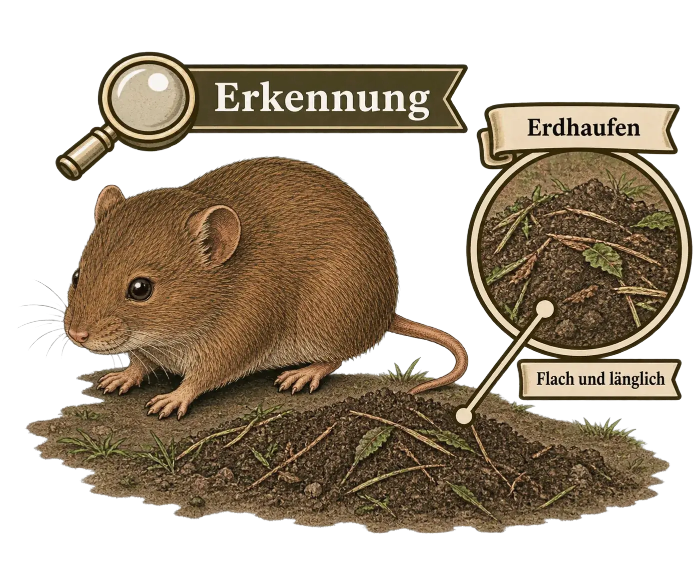 Wühlmaus an ihren Erdhaufen erkennen, Illustration