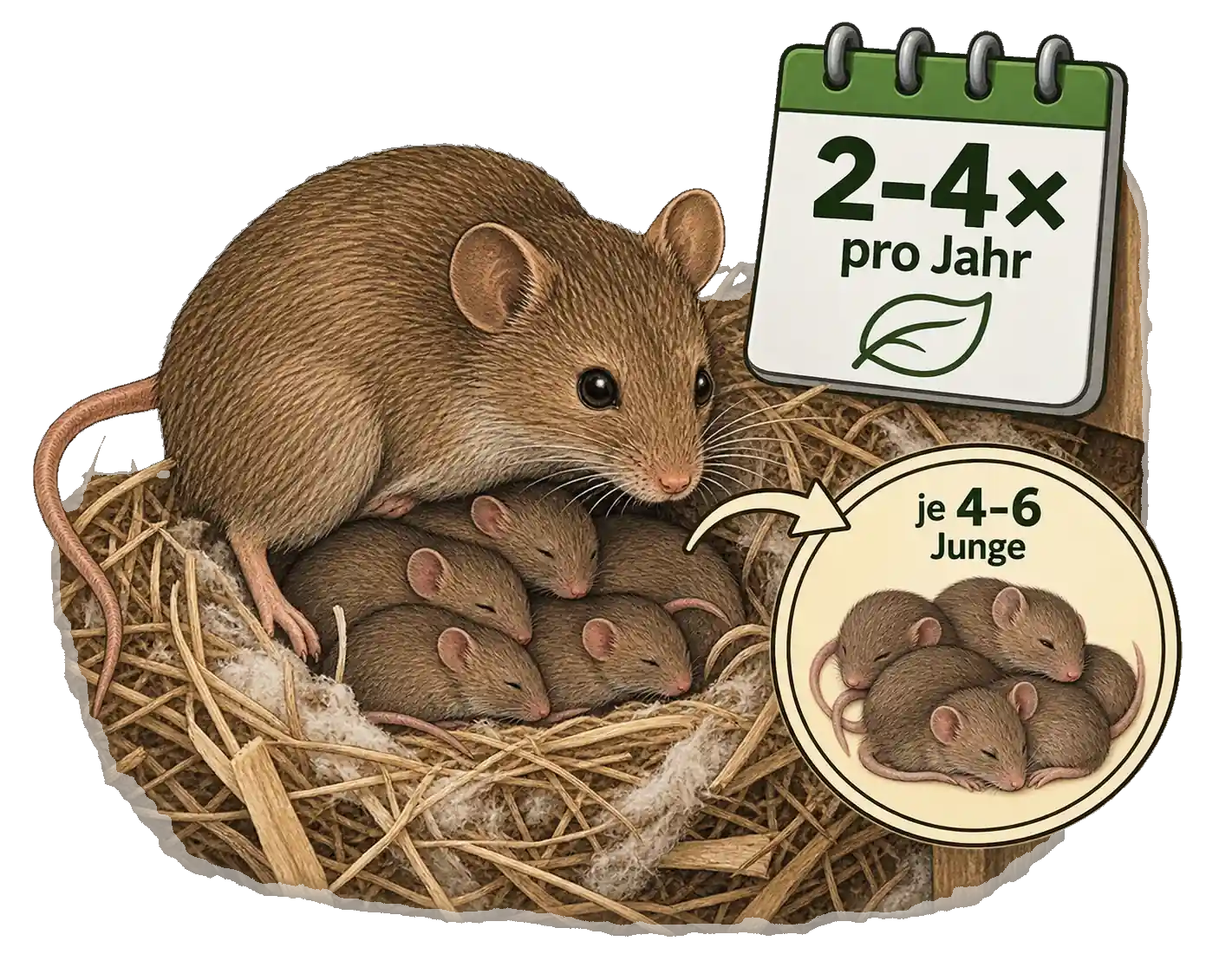 Wühlmausnest mit Jungtieren, Illustration
